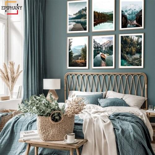 Scandinavian forest Landscape Canvas Painting Mountain Boat Grass Nordic Poster Print Wall Art Picture Modern Living Room Decor