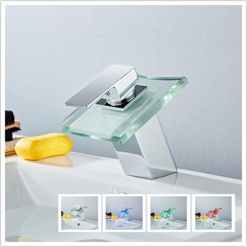 Bathroom Waterfall Led Faucet Glass Waterfall Brass Basin Faucet Bathroom Mixer Tap Deck Mounted basin sink Mixer Tap HY-1712