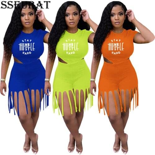 SSEURAT Sexy Tassel Two Piece Set Summer Women 2 Piece Sets Womens Outfits T Shirt Crop Top and Biker Shorts Matching Sets
