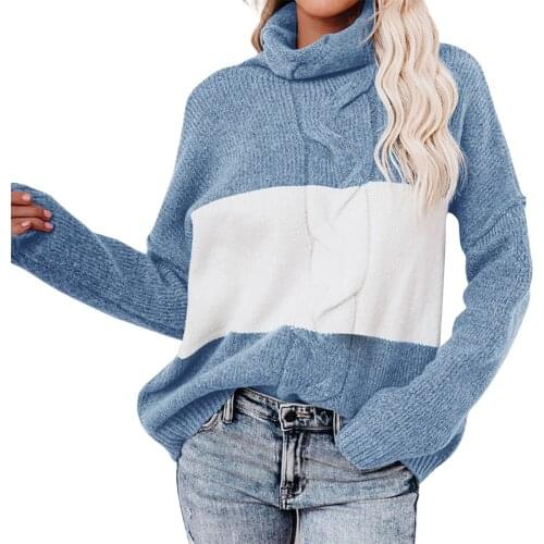 Women Knit Turtleneck Sweater, Adults Color Block Long Sleeve Pullover (Coffee, Light Grey, Blue)