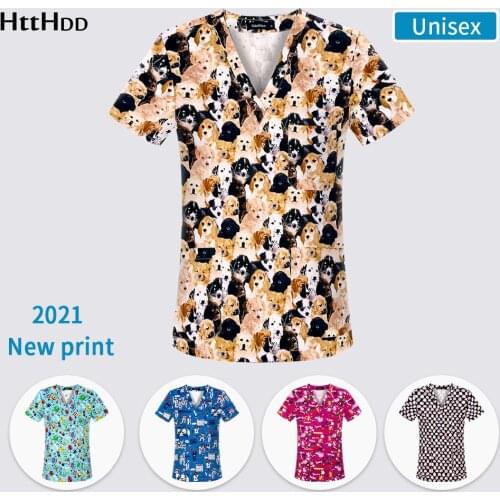 2021new unisex print pattern staff hospital scrub uniform top for dental clinic supplies nursing nurse female work uniform shirt