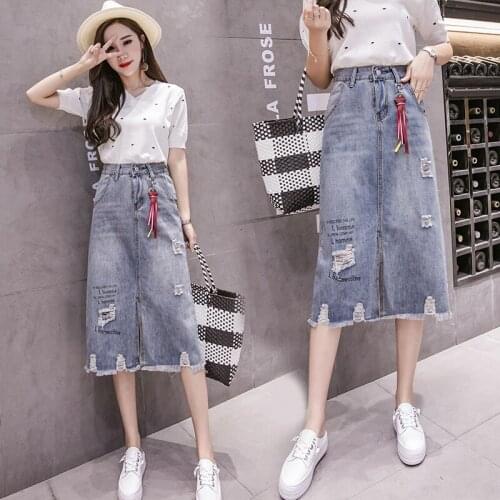 2020 Summer New Denim Skirt Women Korean Fashion Casual Skirts Hole Denim Mid-length Skirt Fresh and Sweet Women Skirts