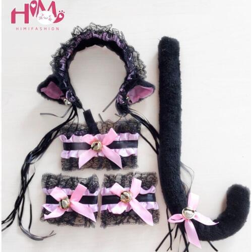 Lolita Kitten Maid Cos Lace Cat Ears Hairpin Choker Tail Women Christmas Hairpin, Cute Girl Lolita Cosplay Cat 5 Pics Set