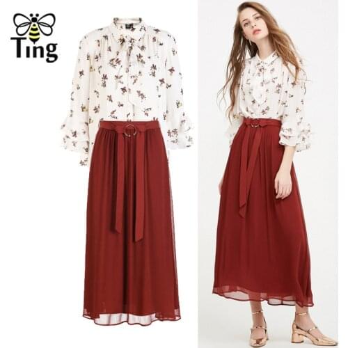 Tingfly Women Set Bow Floral Printing Shirt + Long Chiffon Skirts Two Pieces Set Woman Summer Street Casual Dress 2 Pcs Outfits