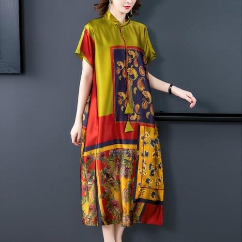 Long retro printed cotton silk dress loose 2020 summer new stand-up collar short-sleeved womens beach dress hot sale