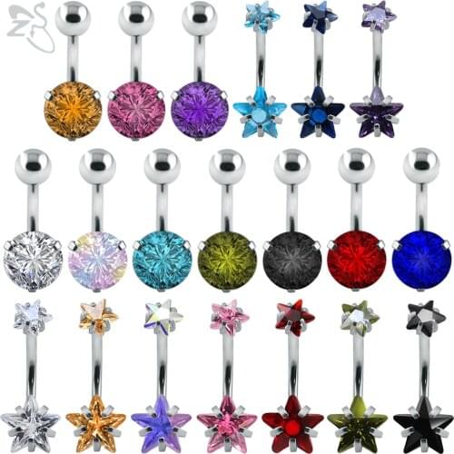 ZS Sexy Stainless Steel Belly Rings 14G Colorful Cubic Zrconia Belly Belly Piering Women Round Navel Piercings Nombril Jewelry