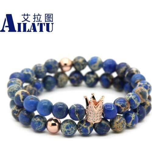Ailatu Wholesale High Grade 8mm Blue Sea Sediment Stone Beads Rose and Gunblack Micro Pave CZ Sets Bracelets for Gift