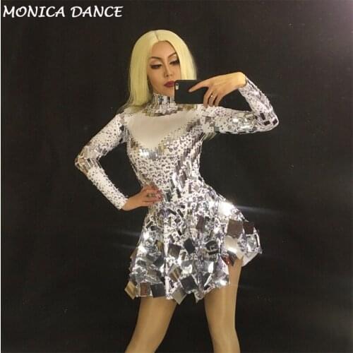 Women Shining Silver Mirror Short Skirt Nightclub Celebrate Party Performance Christmas Singer Dj Dancer Clothing Bling Costume