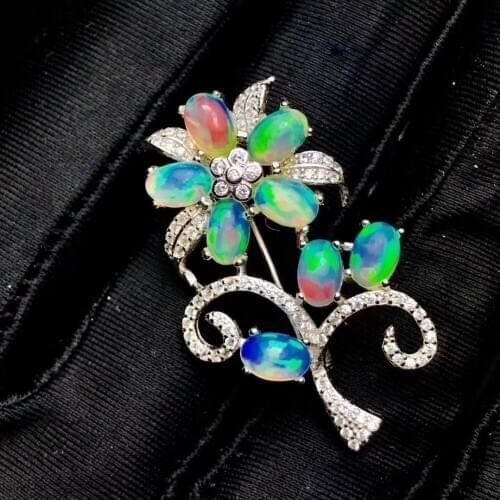 Natural Multicolor opal gem brooch natural gemstone Luxury flowers Grape bunches brooch S925 silver women party jewelry