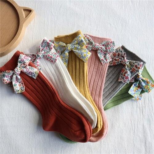 Kids Socks Toddlers Girls Big Print Bow Knee High Long Soft Lace Baby Stripped Princess Style Children Socks 0-5 Years