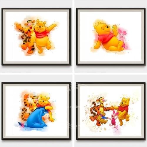 Disney Watercolor Winnie The Pooh Canvas Art Paintings Cartoon Poster and Print Wall Art Picture for Kids Room Nursery Decor