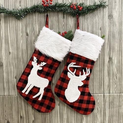 2 Pcs Christmas Stockings Set Large Plaid Holders with Reindeer Gift Bag for Family Holiday Xmas Party Decorations