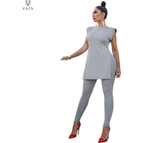 VAZN 2021 Hot Sales Young Sweet Solid Overalls Short Sleeve Free Fashion Long pants Women 2 Piece Set