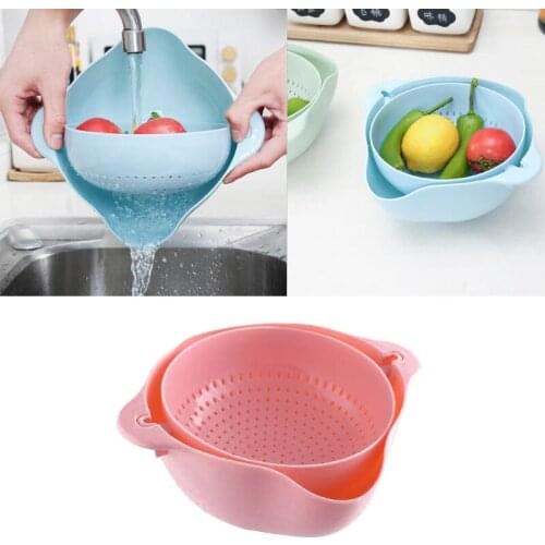 Kitchen Rotating Basin Drain Double-layer Rotatable Drain Basket with Double Handle 2 in 1 Vegetable Fruit Washing Bowl