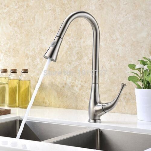 Brushed Chrome Nickel Single Handle Pull Out Kitchen Faucet , Semi Professional Luxury Kitchen Faucets