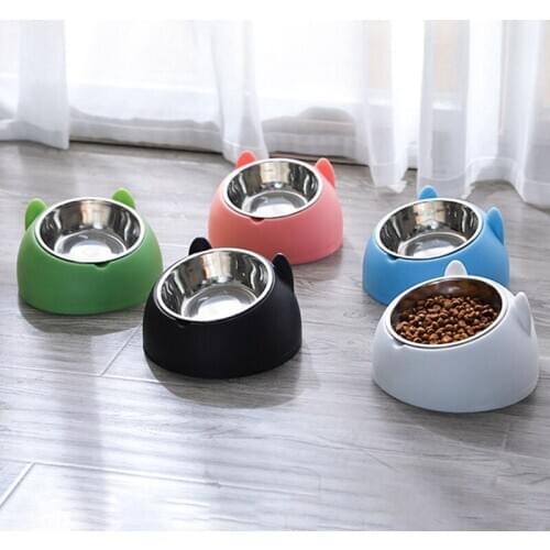 Cat Dog Bowl 15 Degrees Tilted Stainless Steel Cat Bowl Safeguard Neck Puppy Cats Feeder Non-slip Crashworthiness Base Pet Bowls