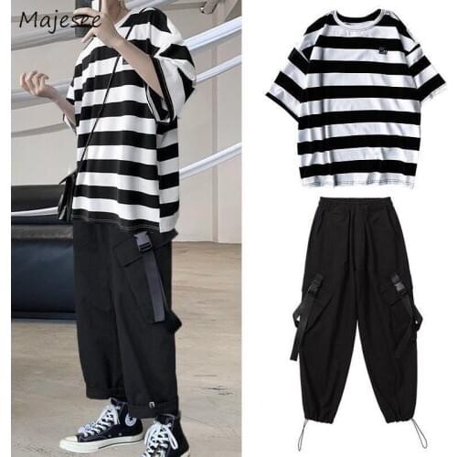 Men Sets Striped Ankle-length Trousers Plus Size 3XL Summer Korean Hip-hop Chic Leisure Fashion Loose Safari-style Teens New Ins