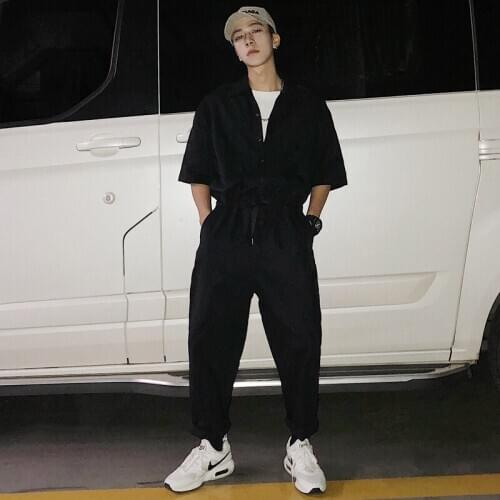 New Casual Jumpsuit Men Short Sleeve Hip Hop Fashion Army Green Khaki Cotton Overalls Male Cargo Worker Vintage Trousers