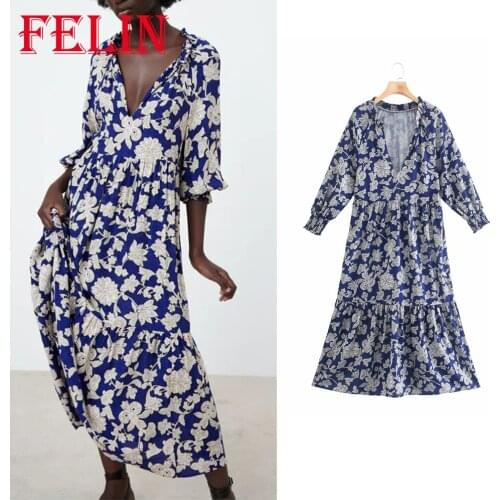 Za 2021 Vintage Floral Print Loose Midi Dress Deep V Neck Ruffles Sexy Fashion Autmn Dress Elegant Mujer Vestidos