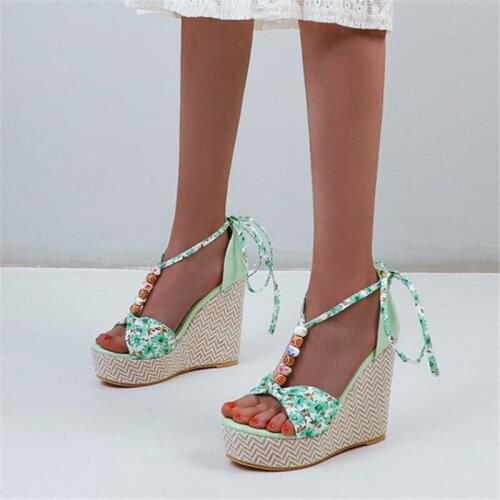 PXELENA Flower Print Ethnic Bohemia Beach Sandals Women String Beads Wedge Super High Heels Platform Party Shoes Big Size 34-48