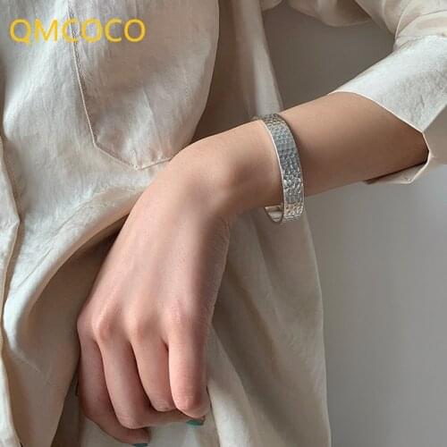 QMCOCO Vintage Punk 925 Silver Wide Bracelet Thai Silver Jewelry Fashion Simple Irregular Bumpy Surface Party Accessories Gifts