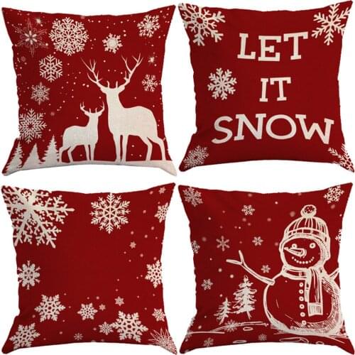 4 Pieces Of New Christmas Red Linen Pillowcase Christmas Home Decoration Pillowcase Snowman Elk Snowflake Sofa Cushion Cover