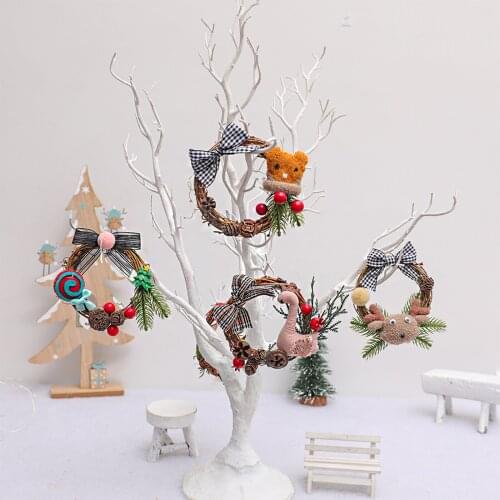 Christmas Wreath, Small Holiday Rattan Wreath with Cute Plush Doll, Berry, Bow and Ornaments for Front Door Decor