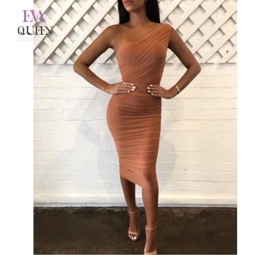 Evaqueen Mesh Solid White Tight Midi Dress Women One Shoulder Backless Ruched Midi Dresses Zipper Sexy Party Club Vestidos 2021