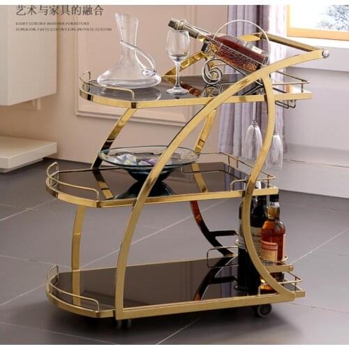 Small trolley three-layer hand push titanium gold wine trolley commercial beverage trolley tea trolley home mobile sideboard