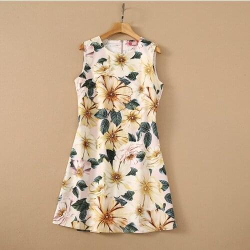 Europe and the United States womens clothing New Summer 2021 Sleeveless camellia print nail bead Fashion dress round neck