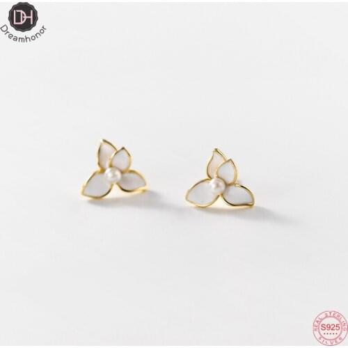 Dreamhonor 925 Sterling Silver White Enamel Flower Pearl Stud Earrings Wholesale New Jewelry