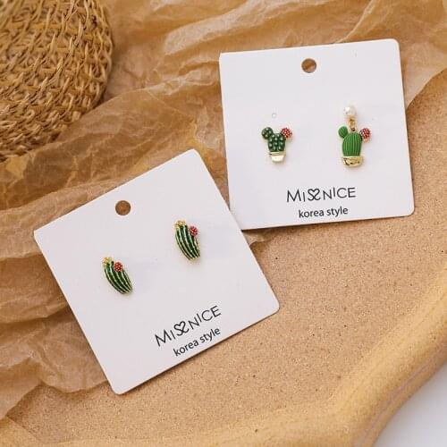 Korean Style Cute Green Plant Cactus Statement Earrings for Women Girls Metal Asymmetric Drop Dangle Earrings Pearl Jewelry