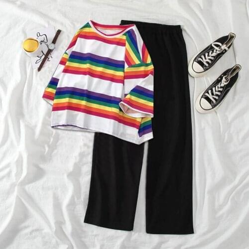 Summer T-Shirt Womens Cute Two Pieces Home Suit Long Pant+Short Tops Female Fashion Stripe White Casual Homewear T-Shirts Set