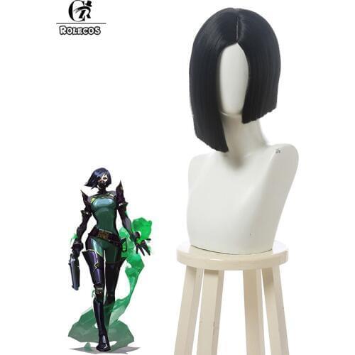 ROLECOS Game Valorant Viper Cosplay Wig Viper Cosplay Hair 32cm Black Headwear Women Cosplay Synthetic Short Hair Straight Hair