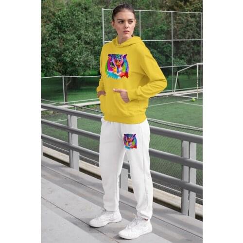 Angemiel Wear Owl for Women womens Tracksuit set Yellow Hooded Sweatshirt White Sweatpants