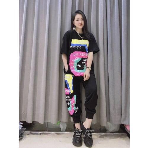 Two Piece Sets Spring Diamond Bear Hip Hop Elasticit Waist Pants T Shirt Rhinestones Tracksuit Women