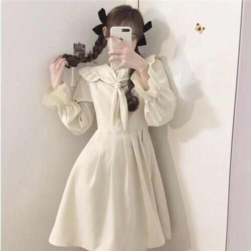 Spring Autumn Women Dress Sweet Japan style Peter pan collar Solid Simply Cute girl dress female bing 2020 HOT