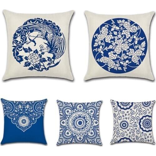 2 PCs New Style National Style Phoenix Chinese Style Blue and White Porcelain Life Flower Linen Pillow Case Cushion Cover