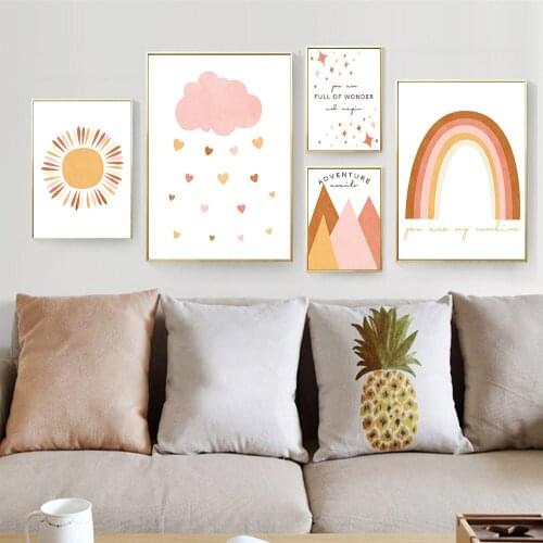 Abstract Rainbow Sun Cloud Heart Wall Art Poster Mountain Landscape Print Quotes Canvas Painting Nordic Pictures Kids Room Decor