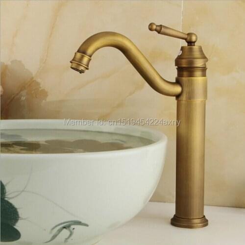 Free shipping 12.6" Tall Basin Mixer Bathroom hot & cold Faucet Swivel Spout Antique Bronze Deck Mount Vessel Sink Tap GI15