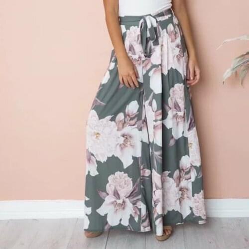Womens Elastic Waist Long Trousers Casual Chiffon Printed Wide Leg Summer Flare High Waist Female Culotte Pants