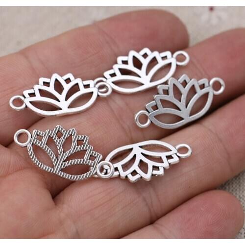 30pcs Antique Silver Plated Lotus Flower Charm Connector for Jewelry Making Bracelet Accessories DIY Craft 27x13mm