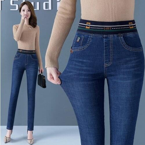 Skinny Stretch Jeans for woman High Waist Plus size pencil Pants Multiple Pockets Blue Denim Pants Moms Autumn Ankle Trousers