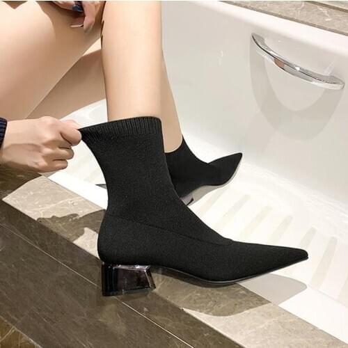 Elastic thin boots women high heels 2020 new single boots womens shoes net red pointed thick heel short socks boots winter