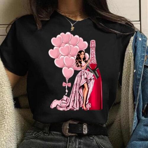 FIXSYS Summer Women Fashion T-shirt Beauty Champagne Pattern Printed Tshirt Harajuku Leisure Streetwear Female Black Clothing