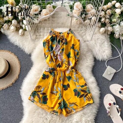 HangCode 2021 New Summer Women Flower Print Beach Boho Jumpsuit Casual Slim Sleeveless Spaghetti Strap Rompers Short Playsuit