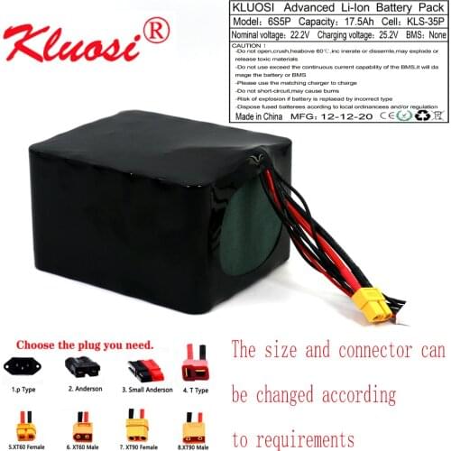 KLUOSI 6S5P 24V 17.5Ah 18Ah 25.2V High Capacity UAV Rechargeable Li-ion Battery for Various RC Airplane Quadrotor XH2.54-4P XT60