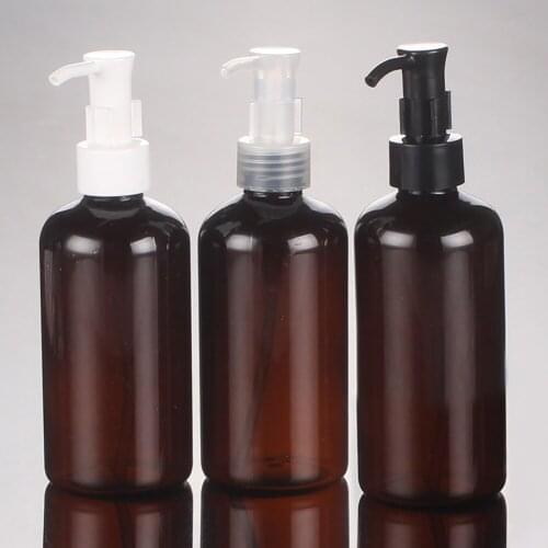 220ml brown PET bottle with lock lotion pump,wholesale 220ml amber plastic cosmetic bottle for liquid cream and lotion cream