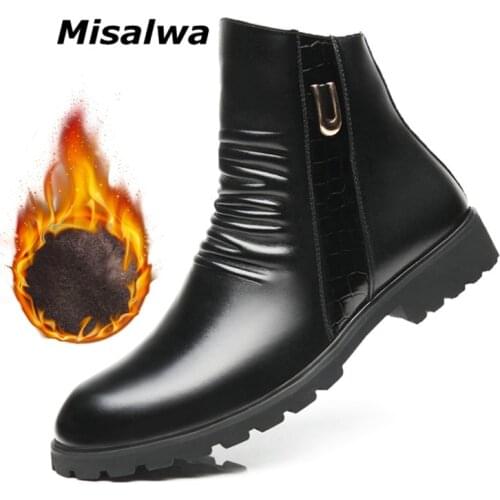 Misalwa British Military High Boots for Men PU Leather Winter Heat Isolation Zipper Motorcycle Boots Antiskid Formal Dress Shoes