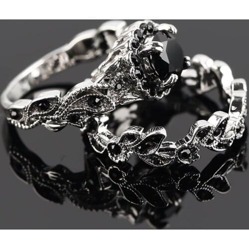 2pcs/set Fashion Gothic Rings for Women Flowers Leaves Pink Black Rhinestone Wedding Party Finger Ring Charm Jewelry Gift
